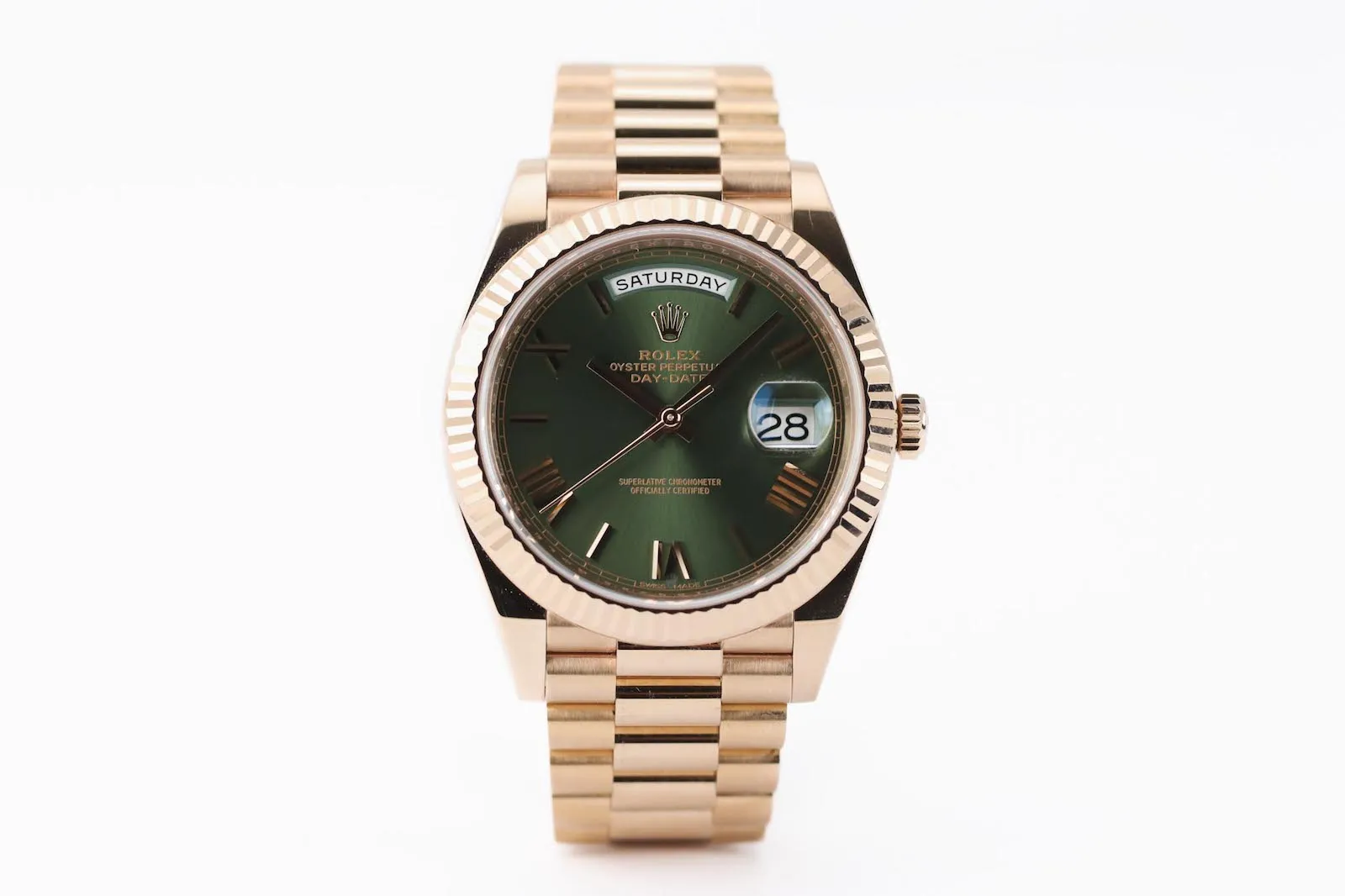 Rolex Day-Date 40 228235 olive dial 2019 full set Everose gold. View in Huddersfield or UK-wide delivery.