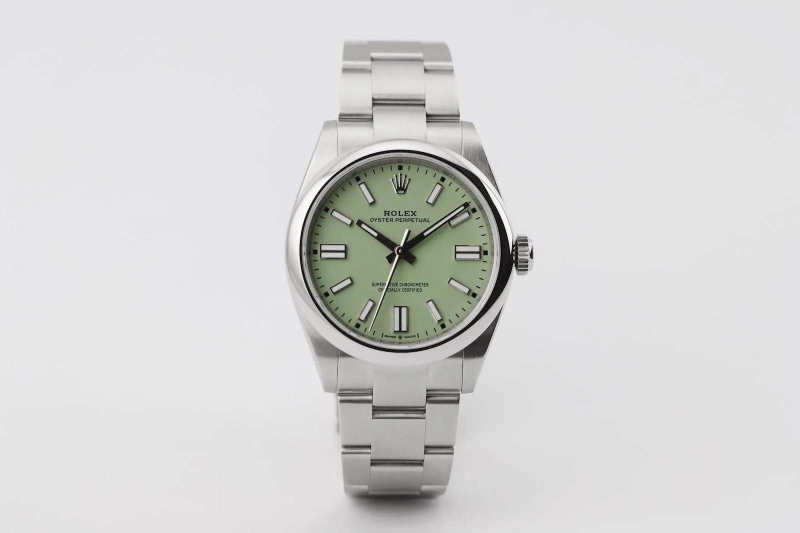 Rolex Oyster Perpetual 134300 pistachio dial 2025 full set. View in Huddersfield or UK-wide delivery.