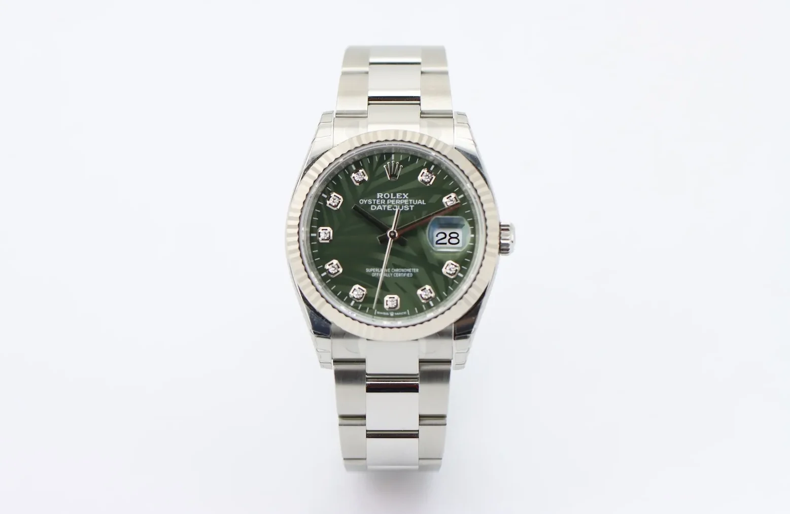 Rolex Datejust 36 factory diamond green palm dial 2023 unworn full set. View in Huddersfield or UK-wide delivery.