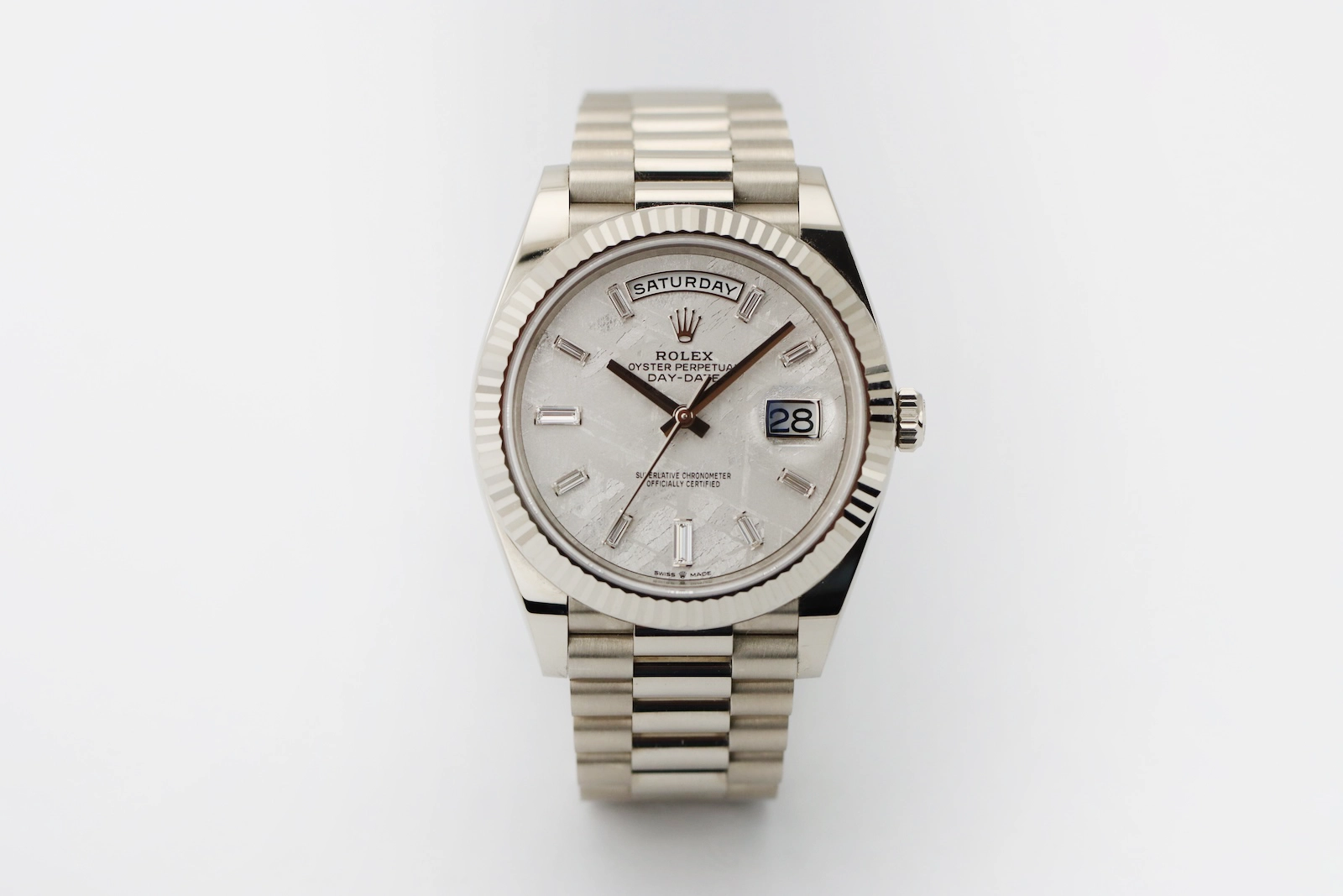 Rolex Day-Date 40 228239 white gold meteorite dial with diamond hour markers. View in Huddersfield or UK-wide delivery.